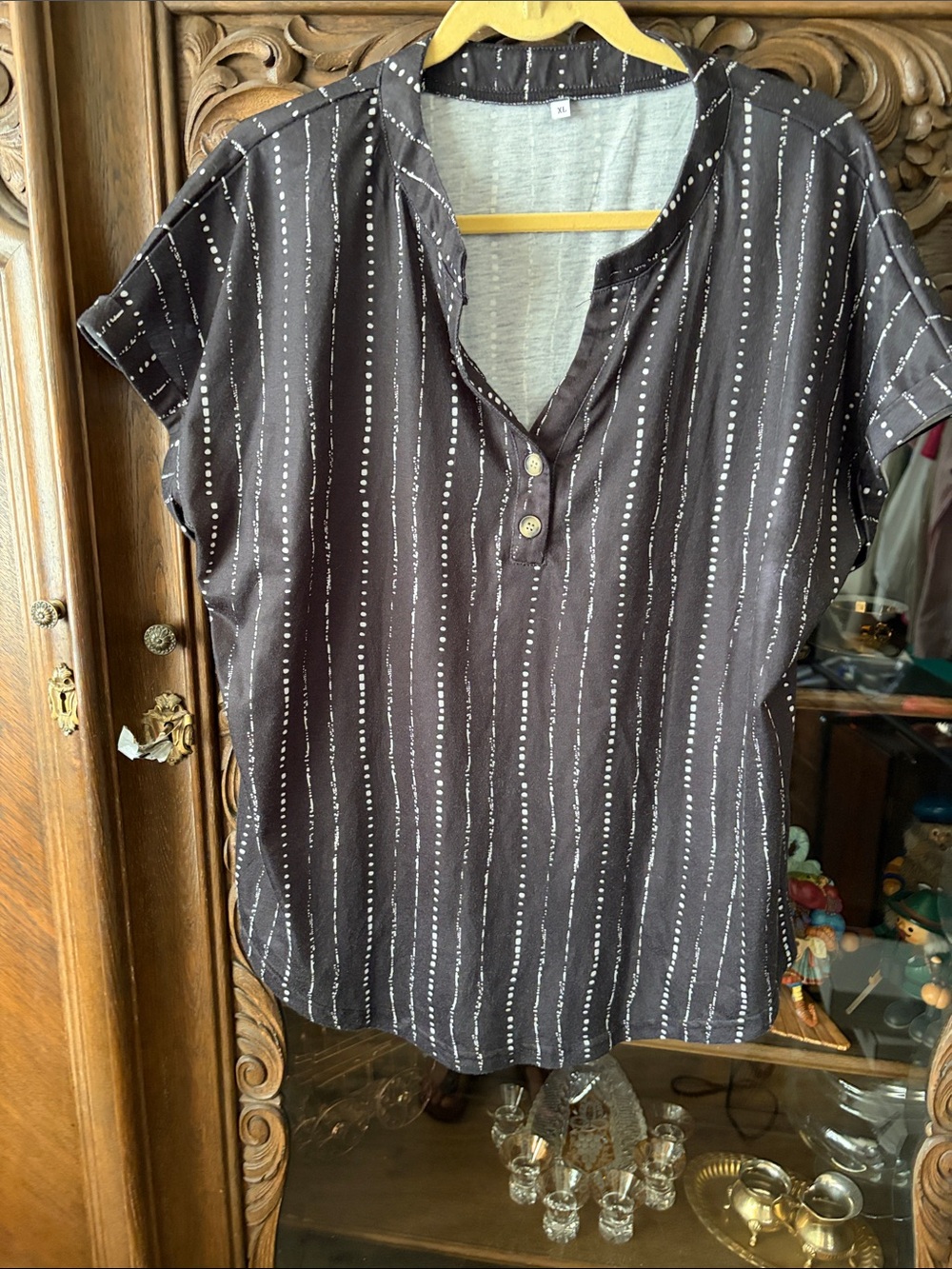 Striped Black Henley Blouse with Button Placket